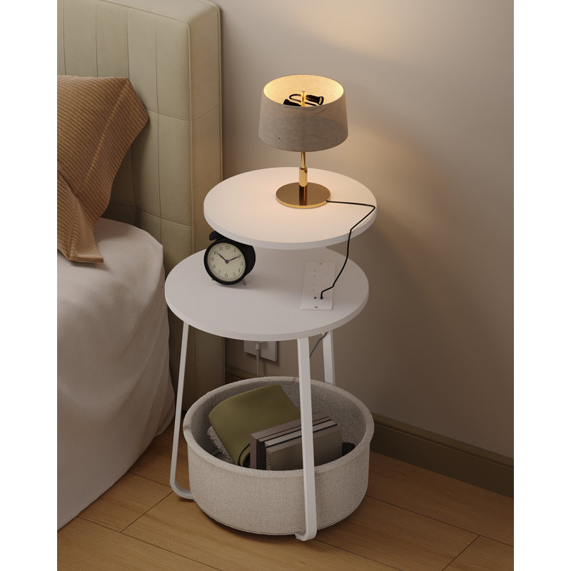 Round Side Table with Charging Station, 2-Tier Coffee Table with Storage Fabric Basket and Power Outlet, Bedside Table for Living Room, Bedroom, White 
