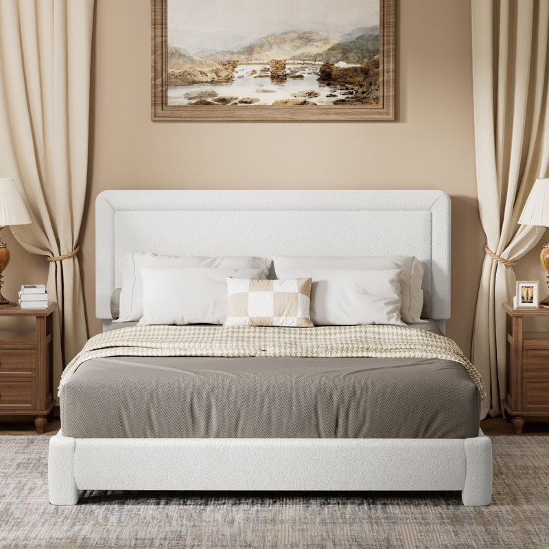 Boucle Bed Frame,Upholstered Bed Frame With Headboard, Surface Cover Soft Cloud Bed Frame Easy Assembly, No Box Spring Required