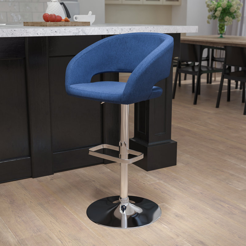 Contemporary Vinyl Adjustable Height Barstool with Rounded Mid-Back, Blue, Chrome