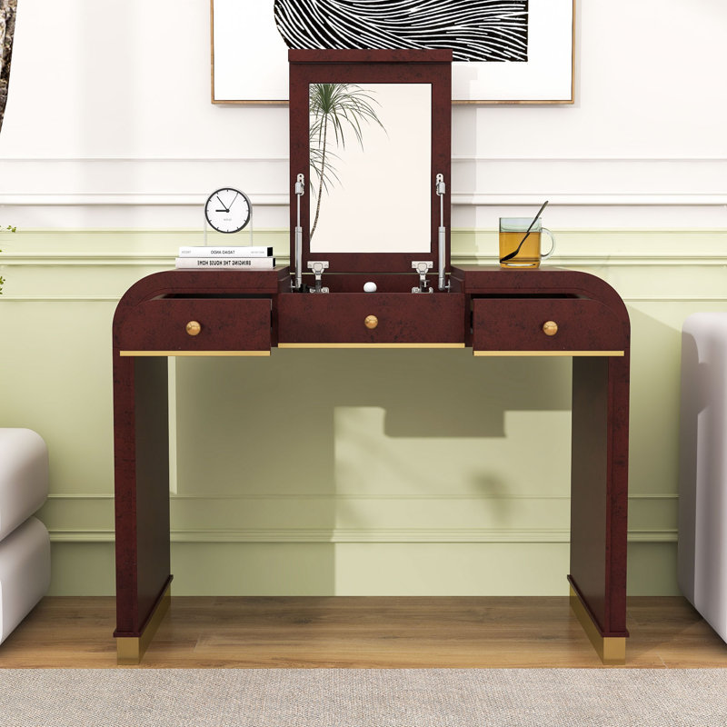 Bureau de coiffeuse classique en bois avec miroir rabattable, rangement caché et 2 tiroirs, Espresso