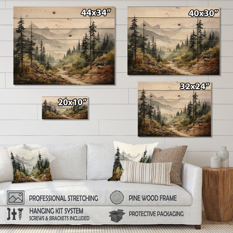 «Mountains Whisper Fog Serenity - Minimalisme», art mural sur bois de pin naturel, H 10 po x l 20 po