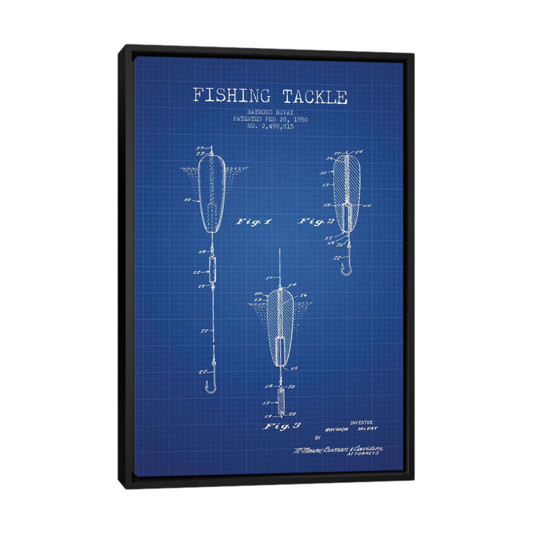 Raymond McVay Fishing Tackle Patent Sketch' Graphic Art Print On Canvas in Blue Grid East Urban Home Size: 12 H x 8 W x 0.75 D