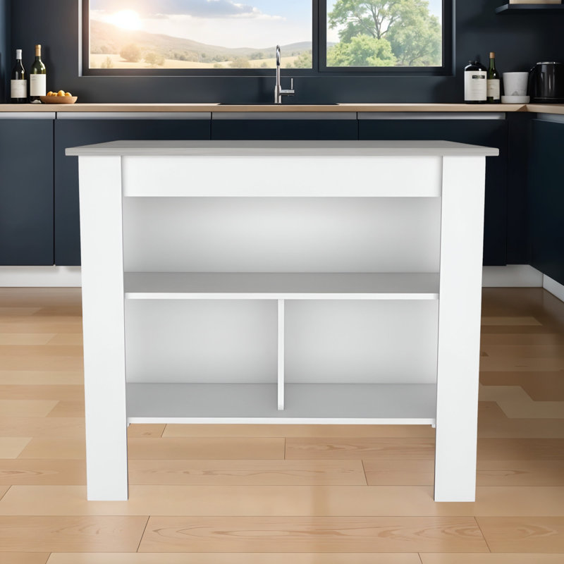 Table pour îlot de cuisine avec tablettes de rangement ouvertes et poste de travail Brooklyn, Blanc, Marbre Ibiza