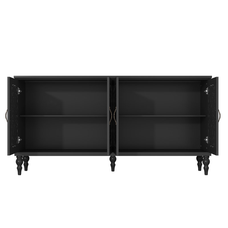 62" Vintage Buffet Cabinet with Adjustable Shelves and 4 Doors, Sideboard with Hollow Carved , Black