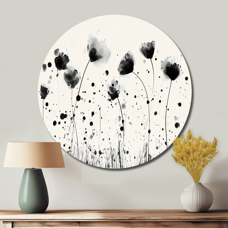 Fleur noire et blanche pré - décoration murale fleurs en métal rond, L 23 po x H 23 po