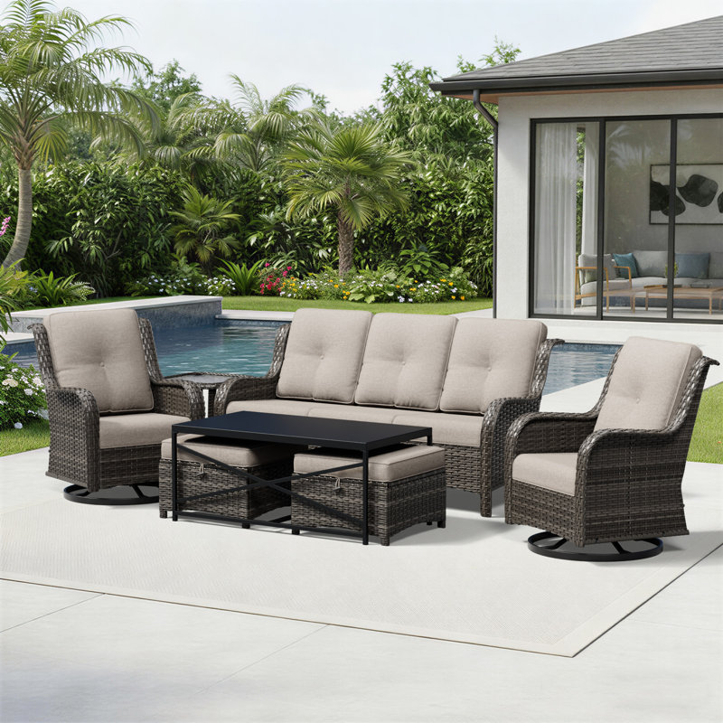 Ensemble de conversation de patio 7 pièces en osier avec coussins Holoman, 7 Pcs:Table, Sofa, Loveseat, 2 Chairs, 2 Ottomans