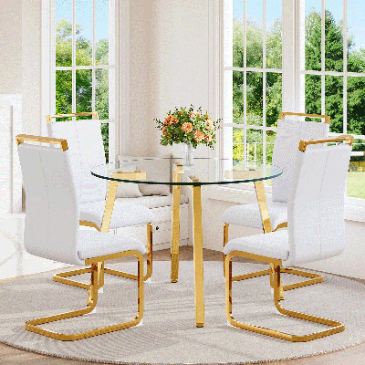 Modern Round Dining Room Table Set For 4, Tempered Glass Top Dining Table And Chairs With Gold Metal Legs