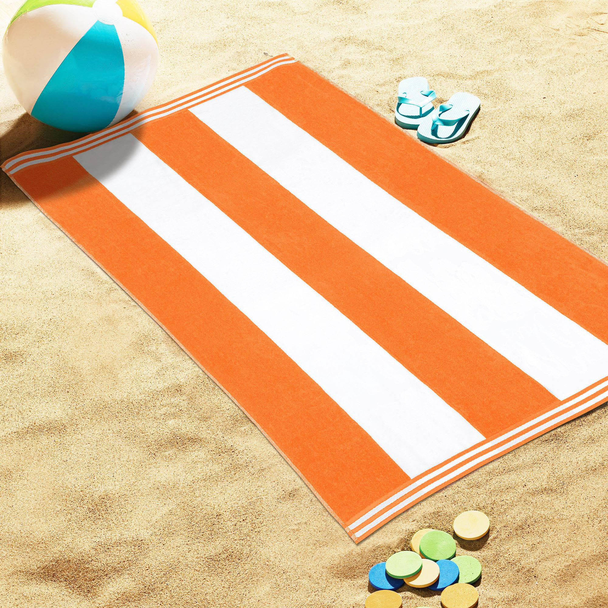 Calheta Cotton Oversized Cabana Stripe Beach Towels, 1, Orange