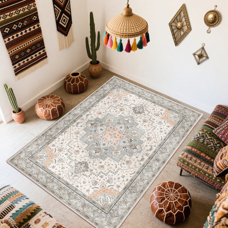 Bohemian Washable Rugs Indoor, Soft Low Pile Boho Area Rug For Living Room, Dining Room, 4x6 Non Slip Decorative Rug for Bedroom, Performance Rug for Home Decor, Ideal For High Traffic Areas, Beige 