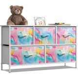  Dresser with 5 Drawers with Steel Frame, Wood Tops, and Fabric Bins