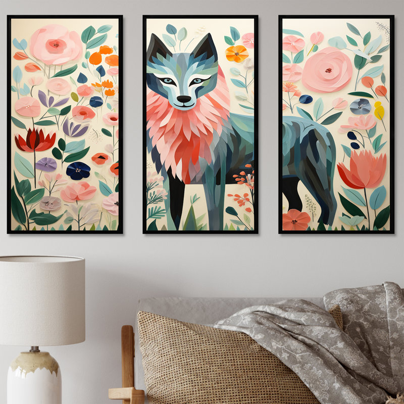 Rose et vert Boho Portrait VI - loup, art mural, H 28 po x l 36 po, Cadre flottant noir