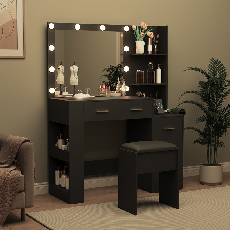 Makeup Vanity with Mirror and Stool, Power Outlet, Hairdryer Holder,  Lighted Vanity Table with 10 Bulbs, 5 Drawers, 3 Lighting Modes Brightness Adjustable Dressing Table for Bedroom