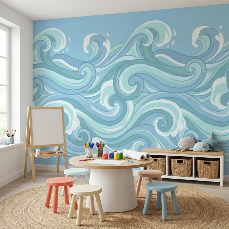 Papier peint vagues abstrait océan, 120" x 96", Peler et coller