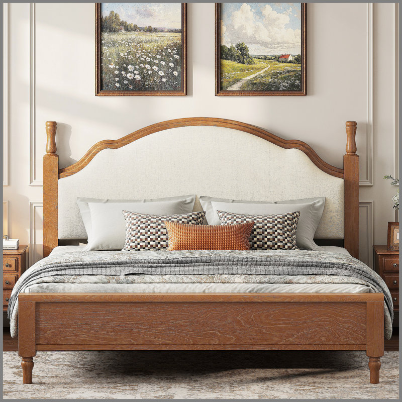 Lit plateforme très grand en bois avec tête de lit tapissier, structure brune et tissu beige, Très grand lit, Beige/brun