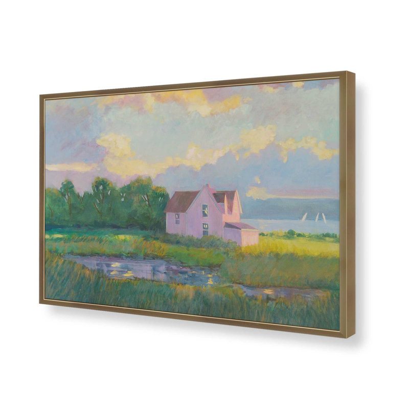 Imprimé rose chalet crépuscule, H 25,25 po x l 37,25 po, Cadre d'angle ouvert brossé doré