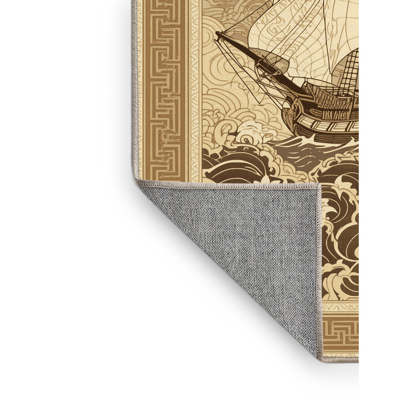 Machine Washable Vehicles And Transportation Historic Tall Ship Traditional Oriental Rug in Brown – Beige Binding, 8x10