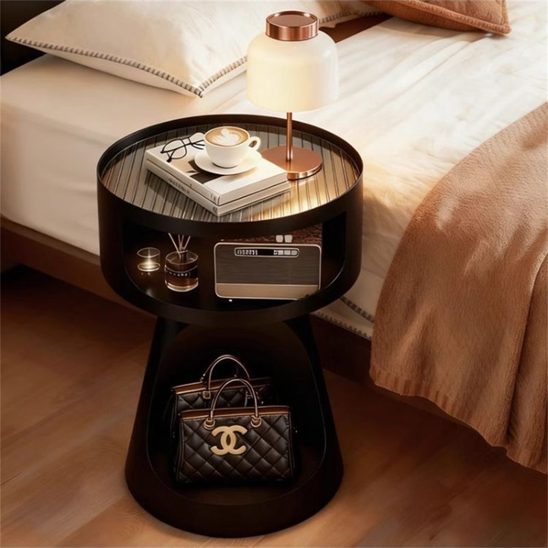 Round Modern Nightstand, Open Storage Bedside Table, Suitable for Bedroom Study, Steel Art Material.
