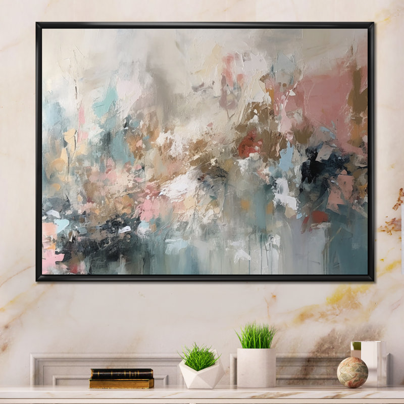 "Brushstroke", peinture abstraite I, H 30 po x l 40 po, Reproduction avec cadre flottant, Noir