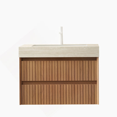 Meuble-lavabo 30 po, armoire de rangement flottante rayée en contreplaqué avec 2 tiroirs, plateau en pierre frittée à motif de travertin avec cuve en céramique encastrée, couleur grain de bois espresso