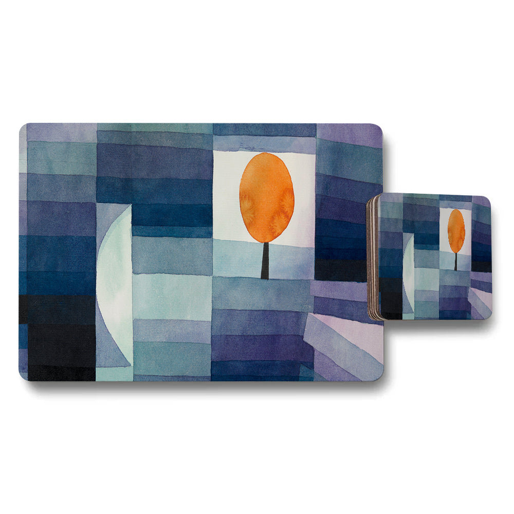 Abstract Geometric Placemat and Coaster Set with Orange Sun Design