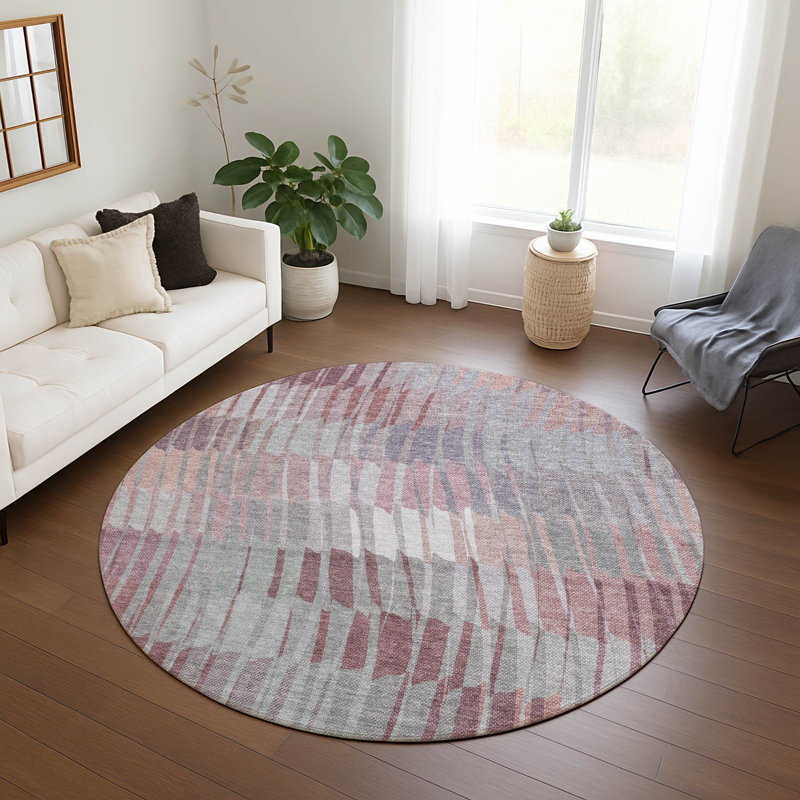 Machine Washable Indoor/Outdoor Huseby ACN2271 Stripes Rug, Round 8'