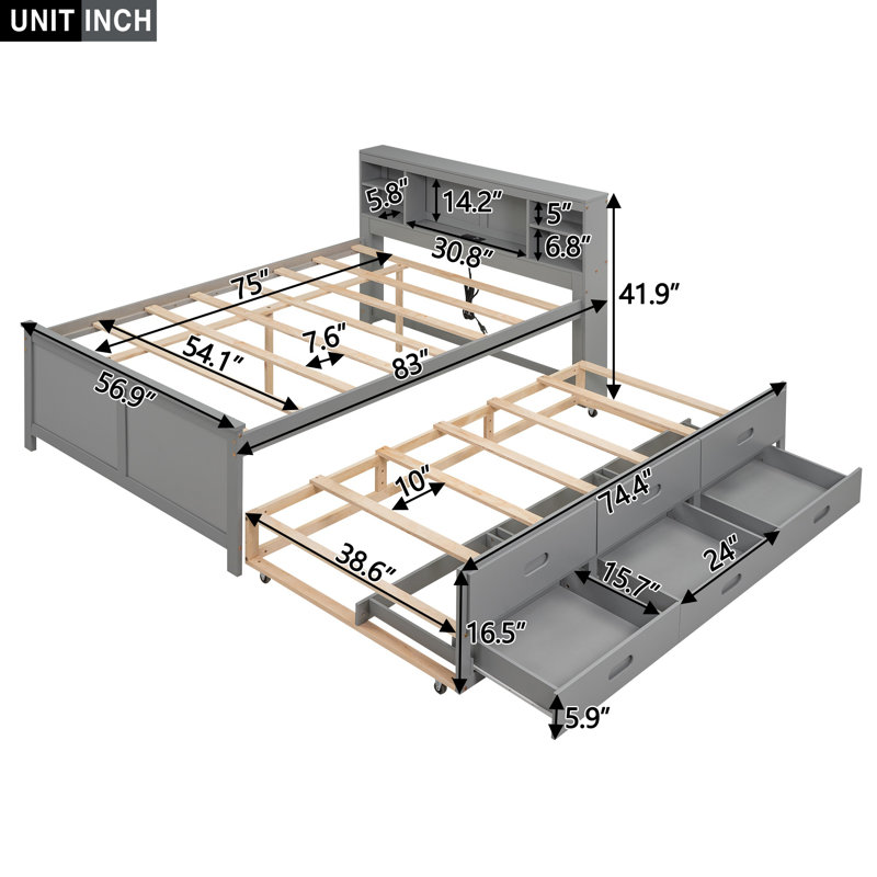 Lit plateforme double avec tête de lit, ports USB, 3 tiroirs et lit gigogne simple, gris, Lit double, Gris