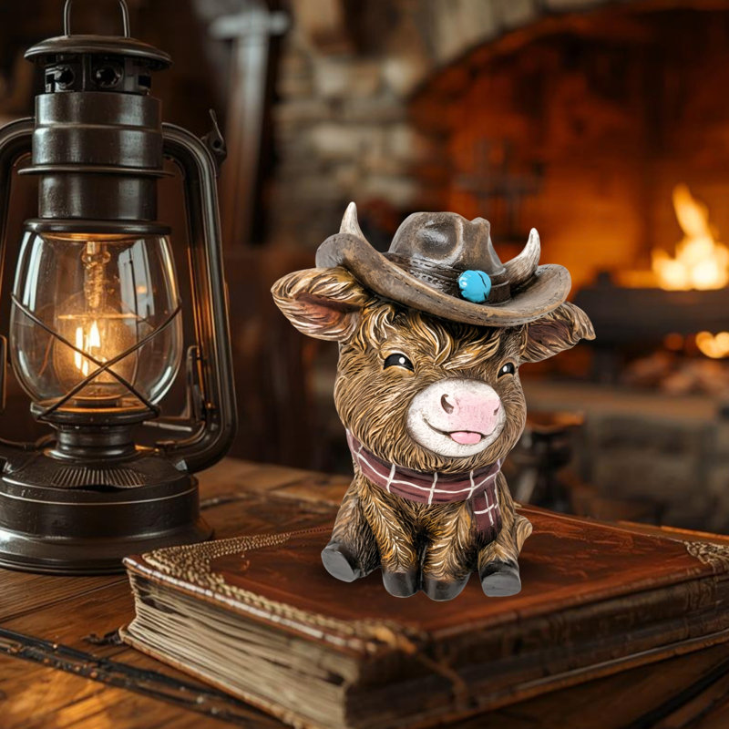 Figurine en résine Highland Cow with Cowboy Hat Rustic Western Farmhouse Decor