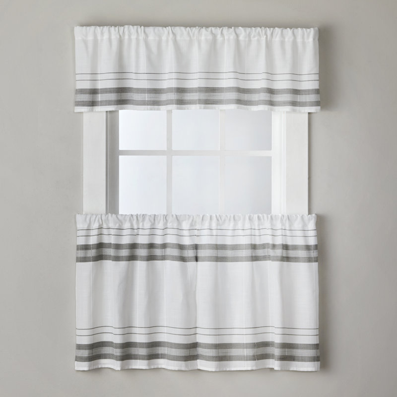 White and Gray Striped Polyester Rod Pocket Window Tiers