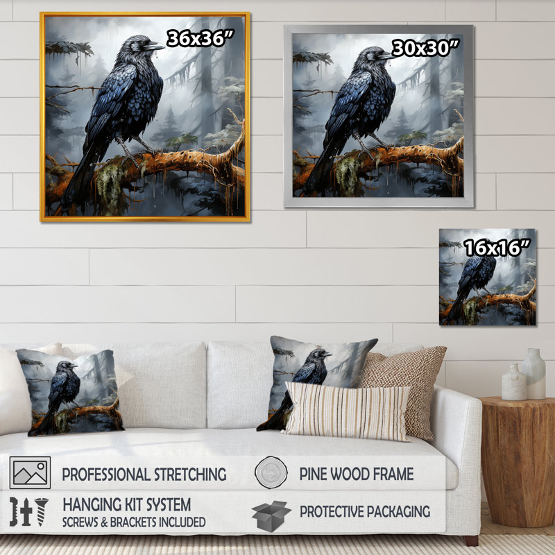 «Black Raven Forest Guardian II» - art mural animal corbeau, Cadre flottant doré, H 16 po x l 16 po