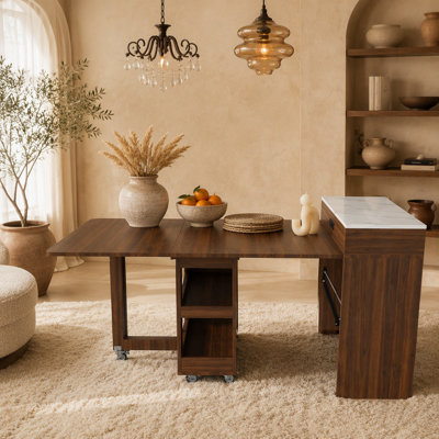 74-inch extendable dining table, equipped with power socket, lockable casters and small space storage cabinet, with a pull-out tabletop kitchen island, and imitation marble surface (walnut)