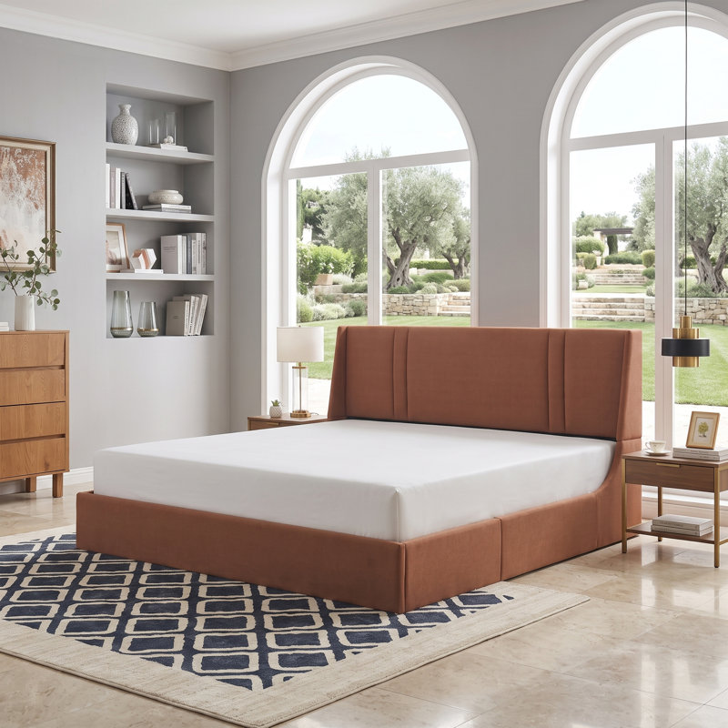41.7" Velvet Curved Wingback King Bed Frame with Hydraulic Lift, No Box Spring Needed, Ocher, Ocher, King