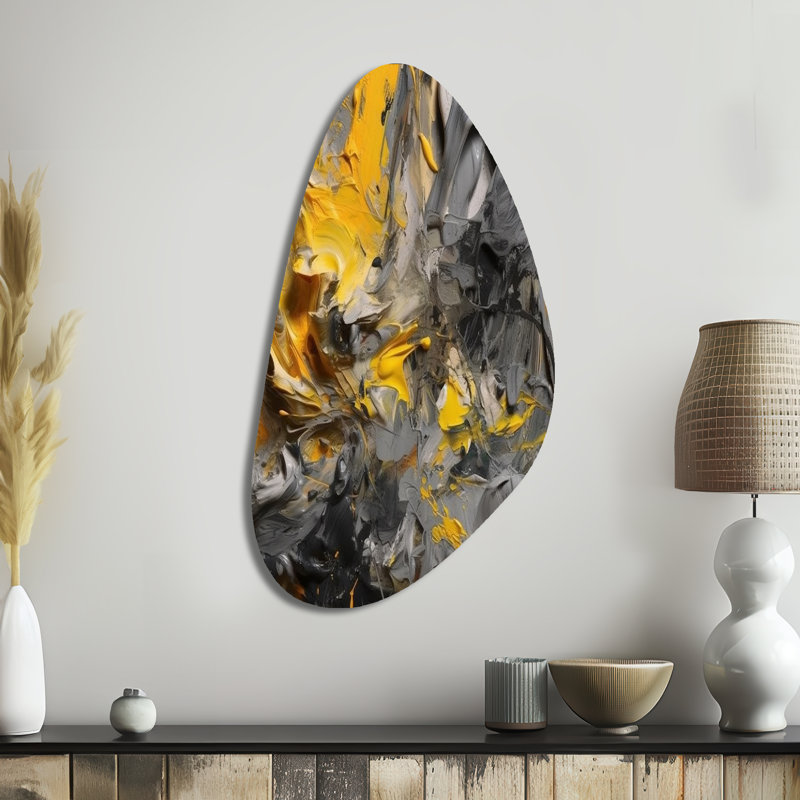 Moutarde jaune et gris vif - art abstrait asymétrique en métal, H 39 po x l 21 po