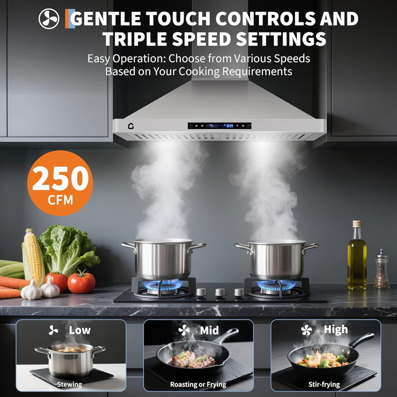 Hotte sous l'armoire de 30 po en acier inoxydable, hotte de cuisine convertible à conduit / sans conduit de 450 pi³ / min avec geste et télécommande, panneau tactile à 3 vitesses, filtres à chicane et lumières DEL