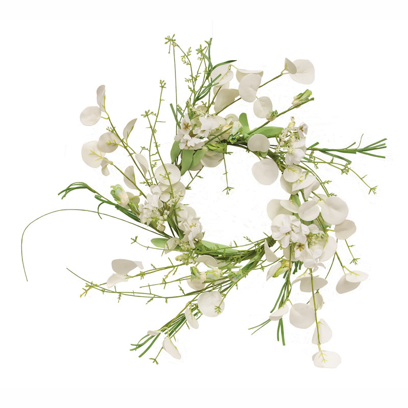 Fleurs blanches blanches et couronne de dollar vert, 14 po