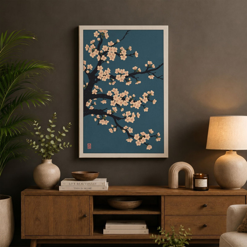 Moonlit Cherry Blossom Japandi - Wrapped Canvas, 24x16 - 61.0 x 40.6 cm, Teal Border
