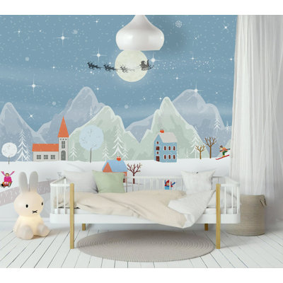 Snowy Landscape Bears With Snowman Colorful Mountain Removable Wallpaper