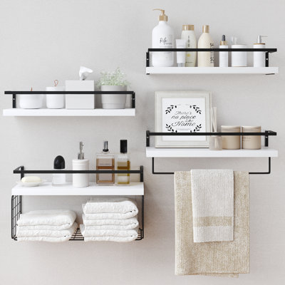 Wood Floating Shelves Wall Mounted - 4+1 Tier Rustic Bathroom Wall Shelves Over Toilet With Wire Storage Basket And Towel Bar, Set Of 4 Farmhouse Floating Shelf For Bathroom, Kitchen, Bedroom.