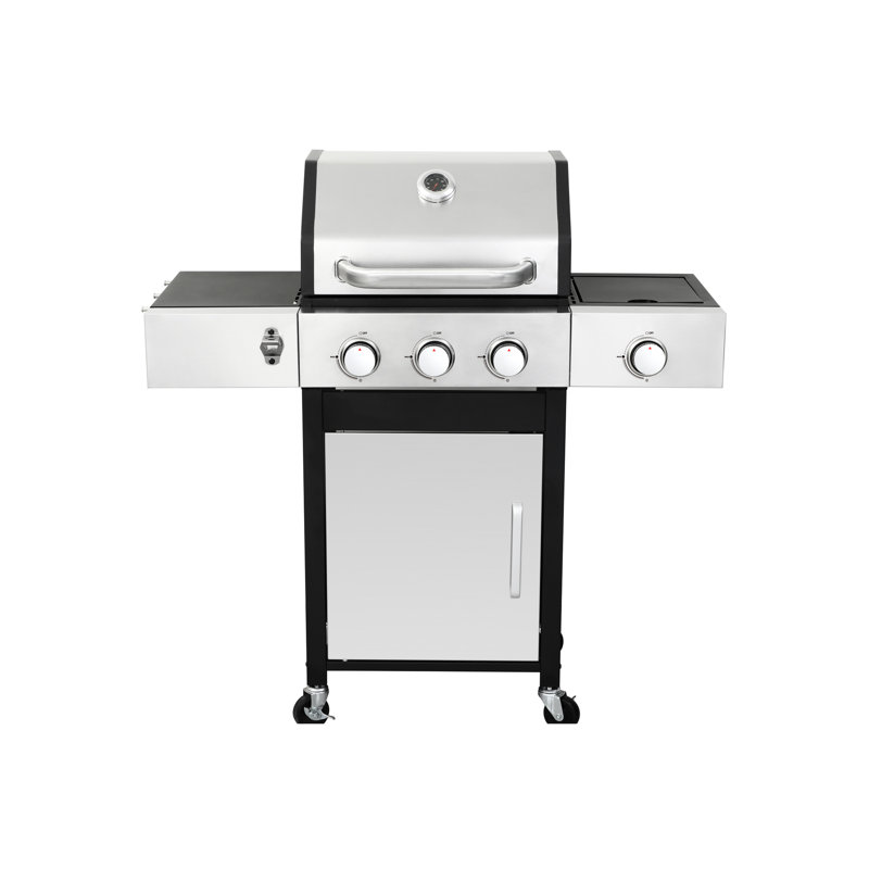 3 barbecues d'extérieur avec brûleur latéral, gril en fonte émaillée et stabilisateur de flamme 3 brûleurs, panneau avant à deux couches de brûleur