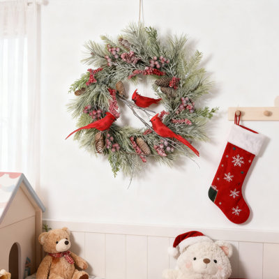 Couronne de Noël artificielle 1 pièce, fausse couronne de 17,7 pouces avec décoration de cardinal et de verdure givrée, couronnes de décoration pour les fêtes à la maison