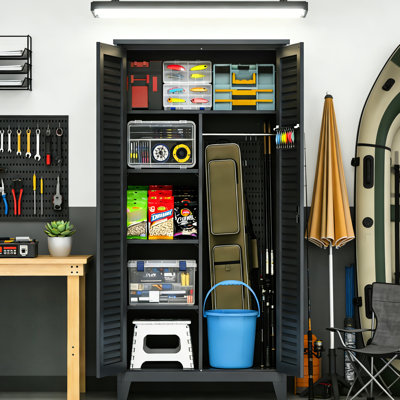 Slate - Colored 70.8 In Tall Tool Storage Cabinet, For Garage, Workshop, Warehouse, Home, With And Hanging Rods, Well Organized Metal In, Applicable To Shelves Wall Mountable Design
