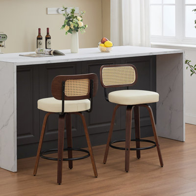 Set Of Two Counter Height Bar Stools With Rattan And Cane Design, Upholstered Seats, Swivel Function, Ideal For Kitchens And Bars