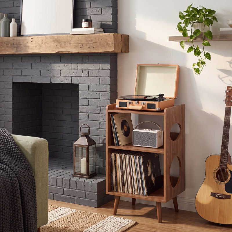 Support pour tourne-disque classique en noyer avec rangement en vinyle, station de charge USB et présentoir d'albums