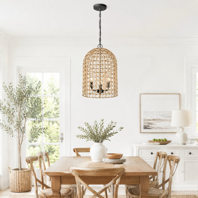 3-Light Dimmable Dome Pendant Light Rope Chandelier with Black Metal Chain