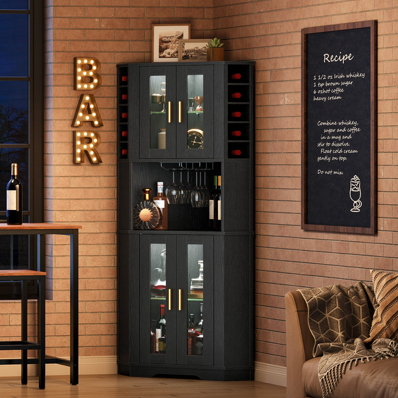 Meuble-bar de coin avec porte-verres, rangement pour le vin et éclairage à détecteur de mouvement