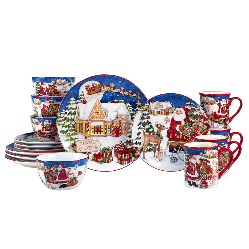 Santa's Workshop Ceramic Holiday Dinnerware Set, Service for 4