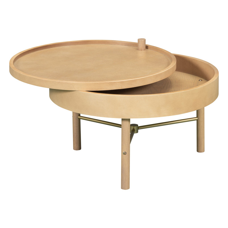 Table basse ronde en bois 24 po avec rangement et pieds en métal , Naturel