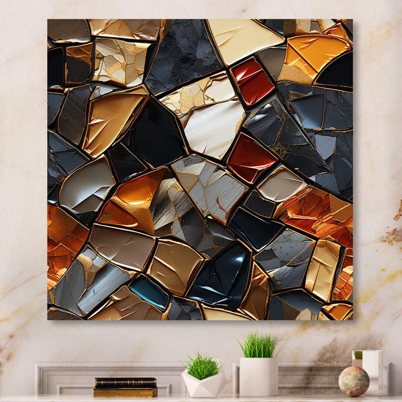 Carreaux de mosaïque cubique dorée et bleue IV - art mural abstrait, Toile tendue, H 16 po x l 16 po x P 1 po