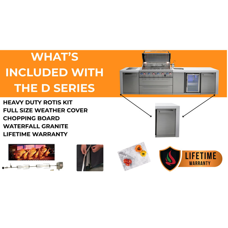 Îlot de cuisine modulaire en acier inoxydable de luxe avec réfrigérateur 107 po x l 32 po x 4 po + brûleur latéral + comptoirs en granite + armoires et tiroirs de rangement + couvercle + convertible au gaz naturel + Garantie à vie