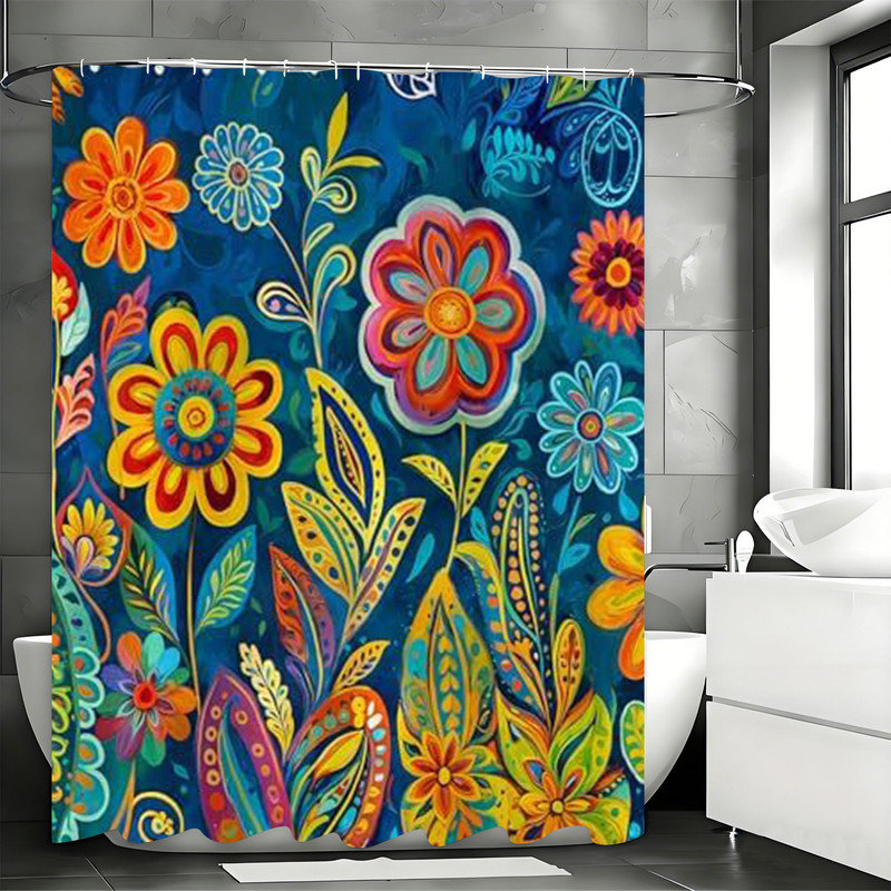 Rideaux de douche floraux avec crochets inclus, Motif floral bleu
