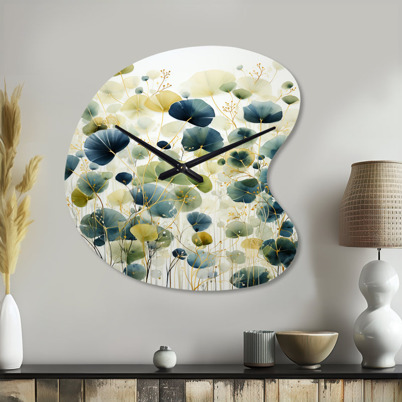 Blue Green Botanical Elegance - Botanicals Irregular Shape Metal Wall Clock, Modern Asymmetrical Wall Clock Print, Large